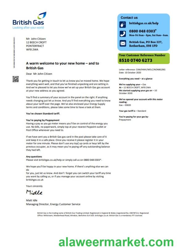 United Kingdom British Gas utility bill template in Word and PDF format, version 2